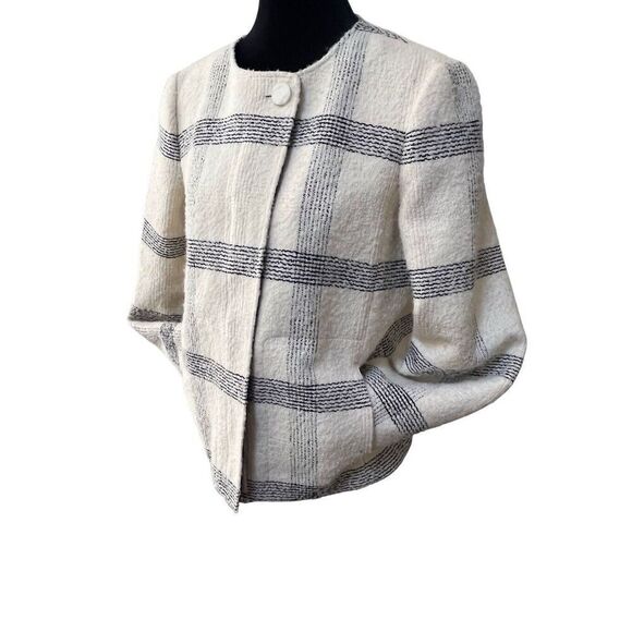 Tory Burch Wool Blend Ivory Black Plaid Blazer Zip Button Closure Women’s 10 M - Picture 12 of 14